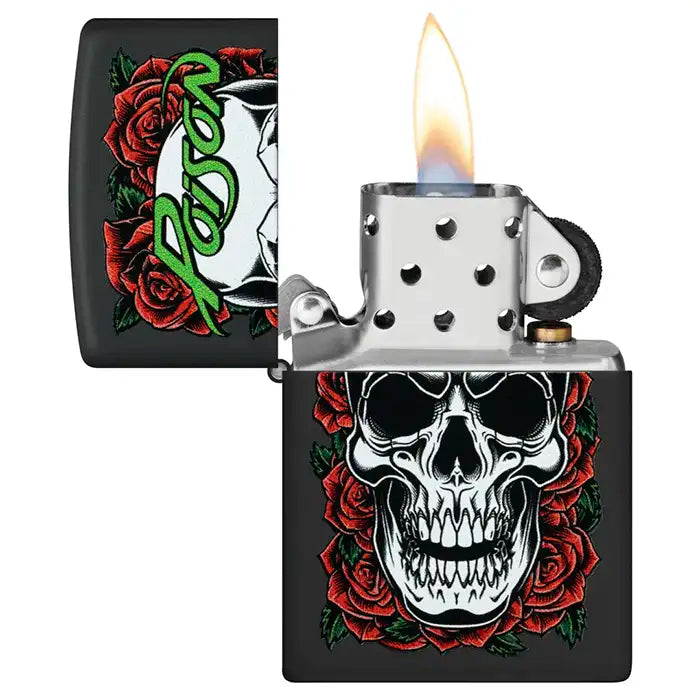 Zippo - Poison "Skull with Roses" Motif - Black Matte Lighter