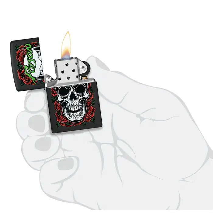 Zippo - Poison "Skull with Roses" Motif - Black Matte Lighter