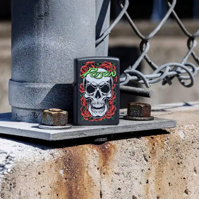 Zippo - Poison "Skull with Roses" Motif - Black Matte Lighter