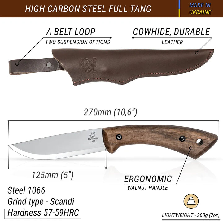 BeaverCraft Dune Bushcraftkniv m/Slire - mål og detaljer