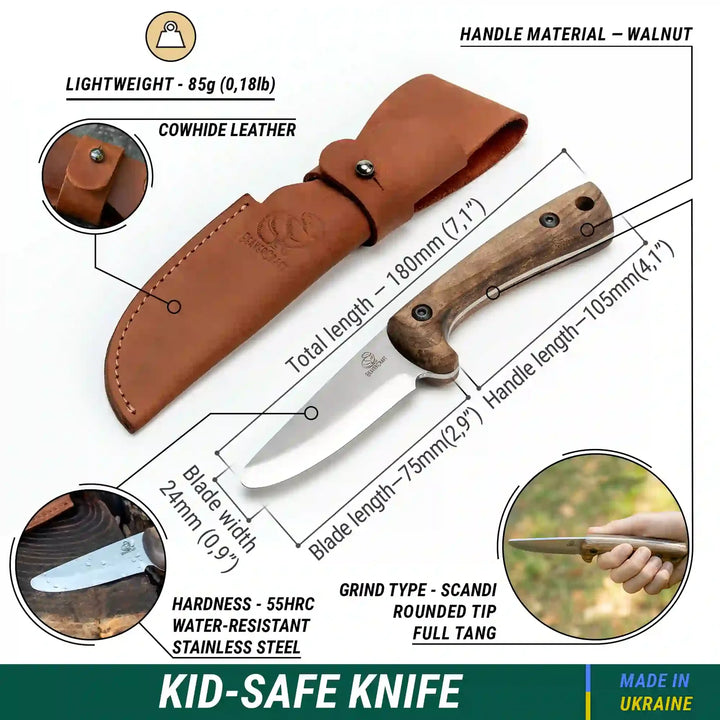BeaverCraft Kid Junior Bushcraftkniv - mål og detaljer