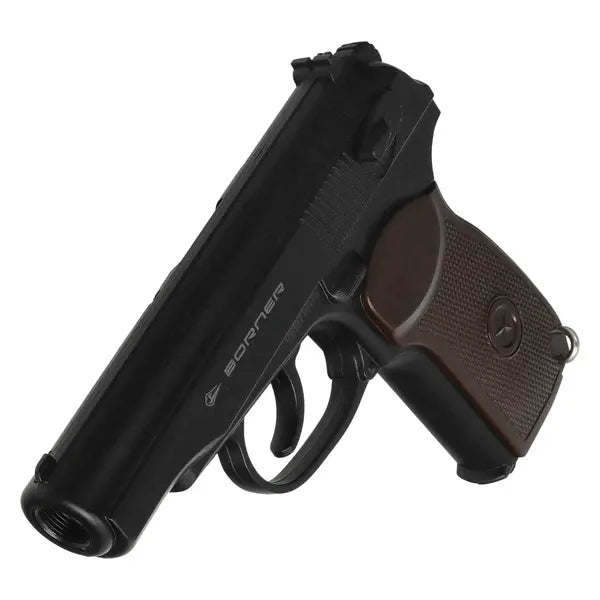 Borner Makarov PM1 CO2 luftpistol, skråbilde med løp og skaftplate