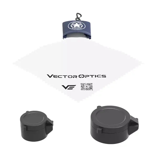Vector Optics Constantine 1-8x24 FFP, linsedeksler og rengjøringsklut